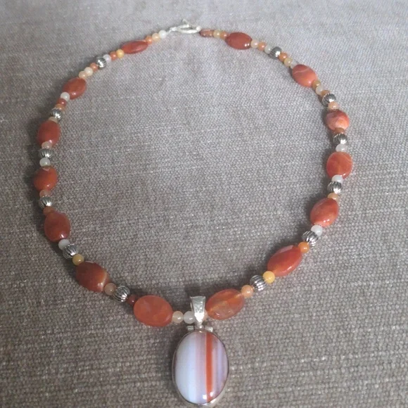 New Orange & Cream Agate Beaded Pendant Necklace, Sterling Silver, Unique, Boxed - Picture 5 of 8